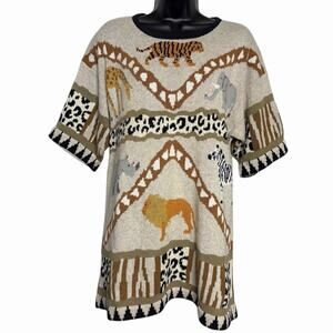 VTG NOVELTY ANIMAL PRINT SWEATER 80s 90s JUNGLE SAFARI LION TIGER GIRAFFE SZ L